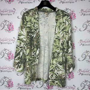 Alia cardigan leafs tropical floral white green shoulder pads waterfall open